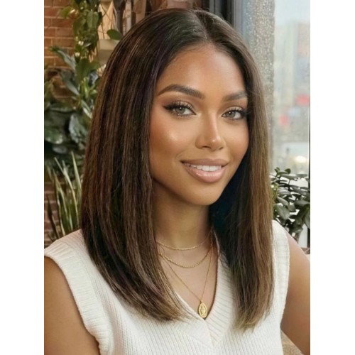 7x5 No Slip Glueless Lace Wig Balayage Highlights Yaki Straight Bob Wig with Invisi Drawstring