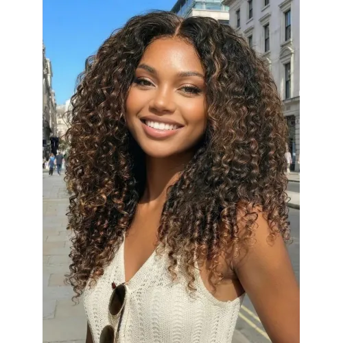 Ombre Chestnut Brown 7x5 Burmese Curly Wig with Finger Coil Ends Put On and Go Glueless Human Hair with Invisi Drawstring