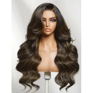 No Slip Wig Side Part Long Wavy Hair Chestnut Brown Highlights With Dark Roots Human Glueless Wig No Slip Wig Side Part Long Wavy Hair Chestnut Brown Highlights With Dark Roots Human Glueless Wig