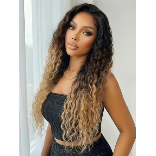 No-Slip Glueless Water Wave Wig Ombre Brown to Blonde with Dark Roots 150% Density Wet & Wavy Beach Curls Put-On & Go