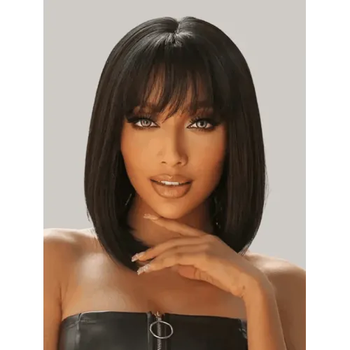 Buy 1 Get 1 Free,Code:BOGO | Klaiyi Straight Bob Wig With Blunt Cut Bangs Glueless Human Hair Wig