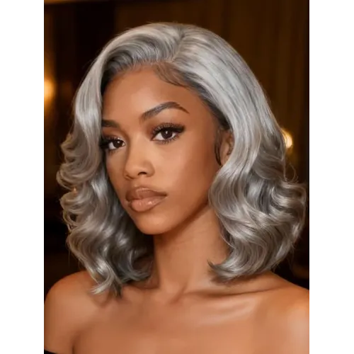 Salt and Pepper Layered Bob Glueless Pre-Cut T-part Lace Grey Wig