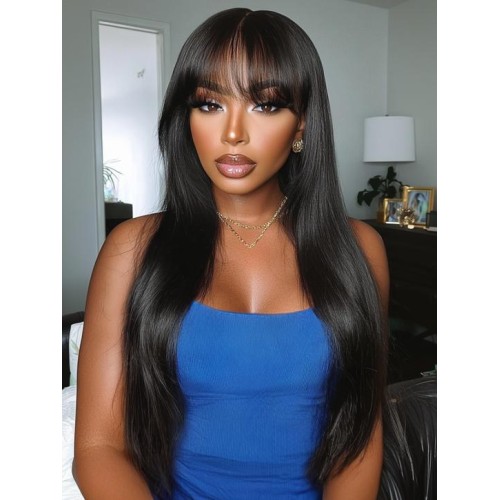 Straight Human Hair Glueless Wig with Blunt Cut Bangs Natural Black Color