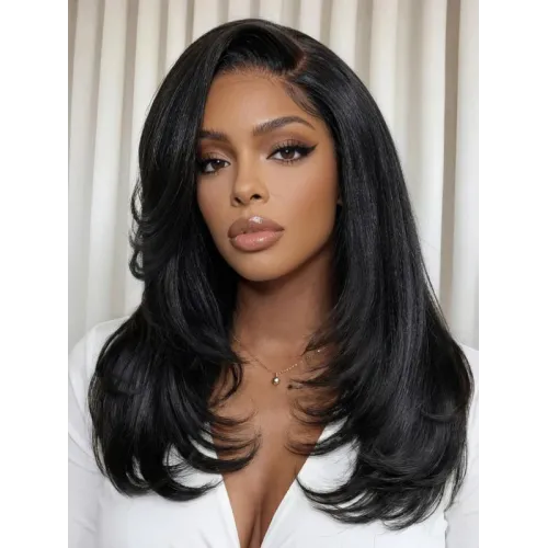 HD No Slip Blowout Lob Yaki Straight Wig Side Part Face-Framing Feathered Layers Salon Blowout Look Glueless Wig